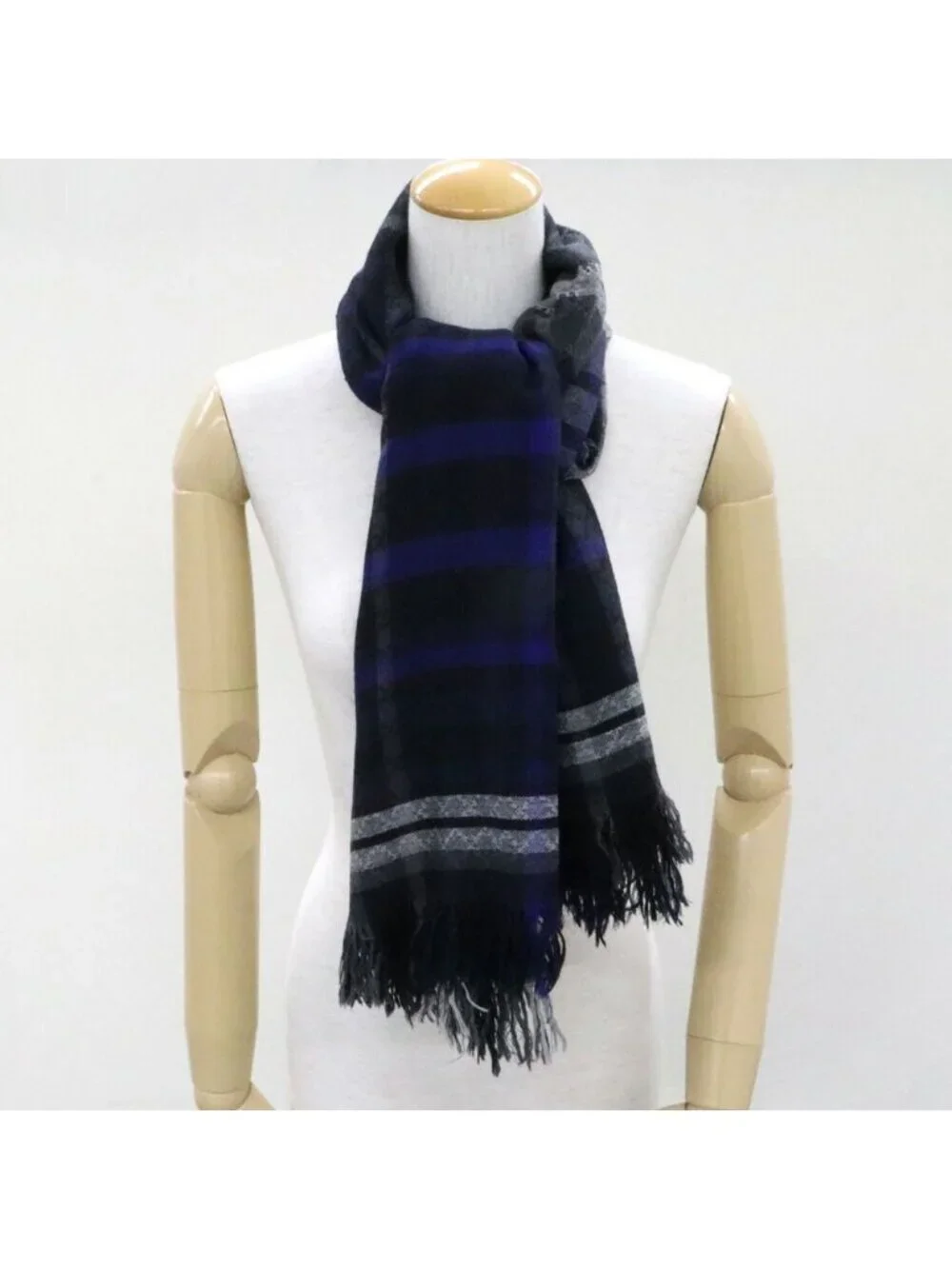 Gucci Shawl Check Pattern Gray Blue Wool 70% Silk Scarf